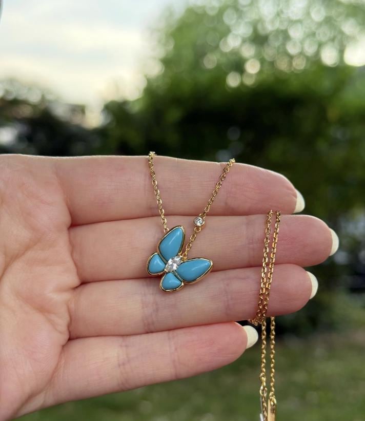 18k Gold, turquoise butterfly necklac 925 Sterling cz (w8 vc stamp) #Gift