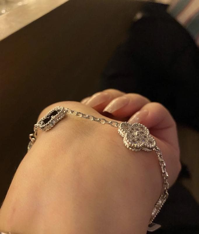 925 silver 18k white gold plated diamond clover bracele black agate (w8 stamp)#clover Gift