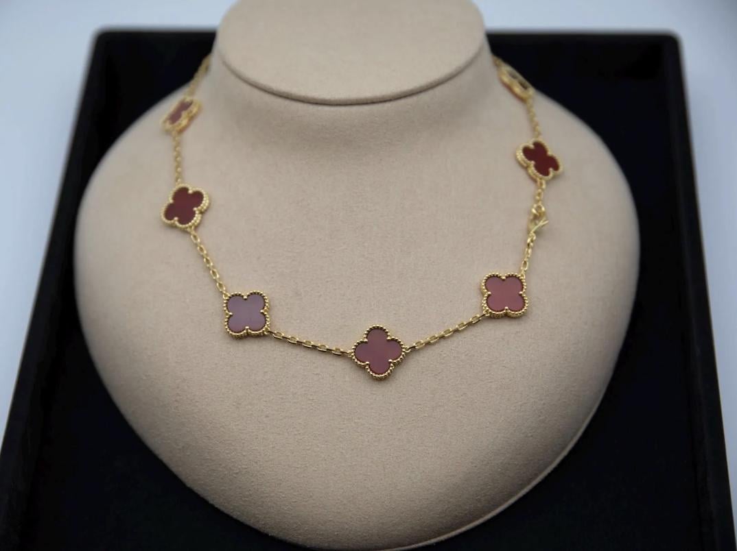10 motif Red natural carnelian Clover necklace chain 18k gold plated 925 silver (with vc stamp)