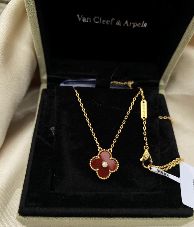 Red carnelian clover necklace, Gold Four leaf clover 18k gold plated, 15mm one motif clover necklace, Christmas holiday pendant