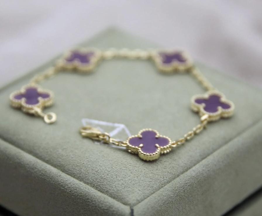 Amethyst Purple Clover bracelet 925 sterling silver w8 18k gold plating