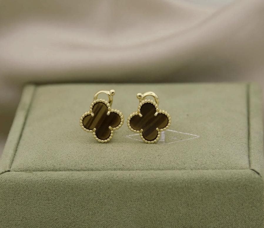 Tiger eye Clover earrings four leaf 18k Gold Plated 925 Sterling (w8 stamp) #clover Gift