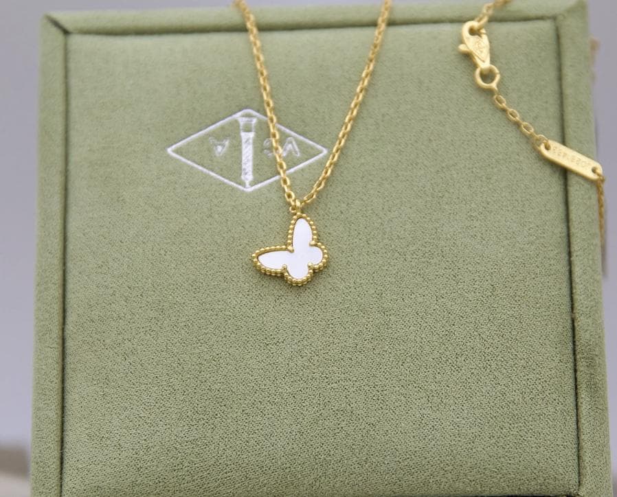 18k Gold butterfly Pearl necklace 925 Sterling cz (w8 vc stamp) Gift