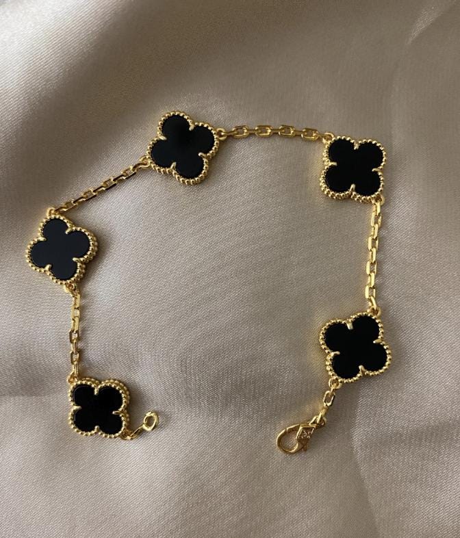 18k Gold black Onyx Clover Bracelet 925 silver #Gift