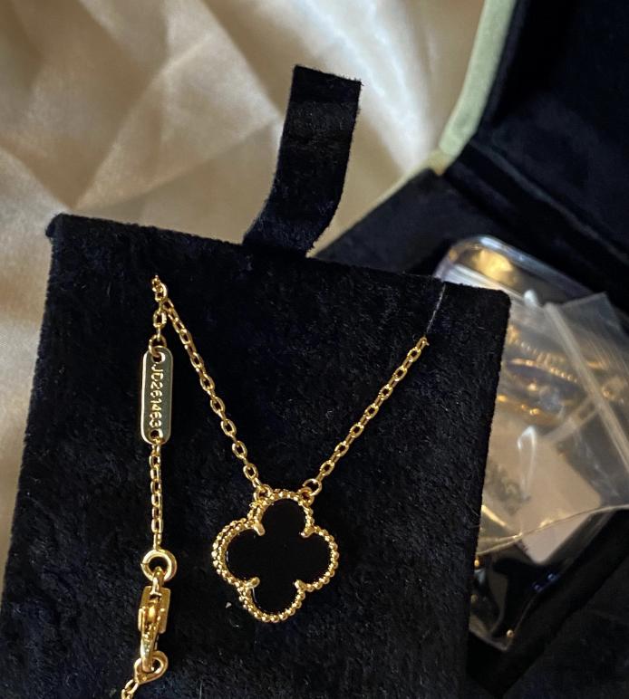 Vintage Gold Fill black Onyx Clover Necklace: 18k Gold Plated Sterling Silver Pendant#clover Gift