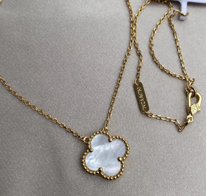 Four leaf mother of pearl guilloche Clover necklace 925 silver 18k gold plated #clover Gift