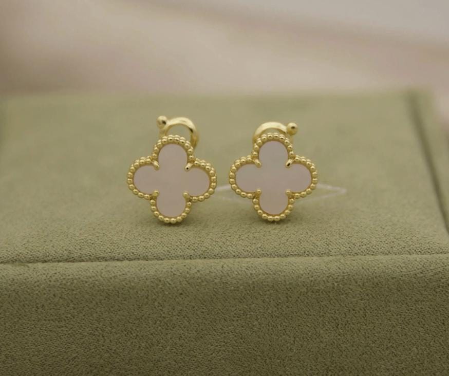 White real pearl Clover earrings four leaf 18k Gold Plated 925 Sterling (w8 vc stamp) #clover Gift