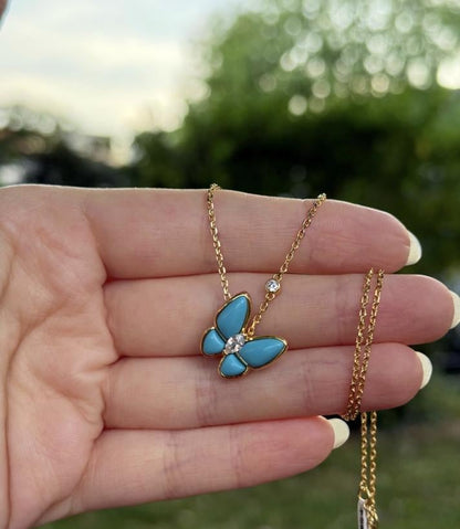 18k Gold, turquoise butterfly necklac 925 Sterling cz (w8 vc stamp) #Gift