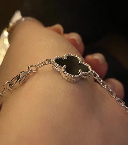 925 silver 18k white gold plated diamond clover bracele black agate (w8 stamp)#clover Gift