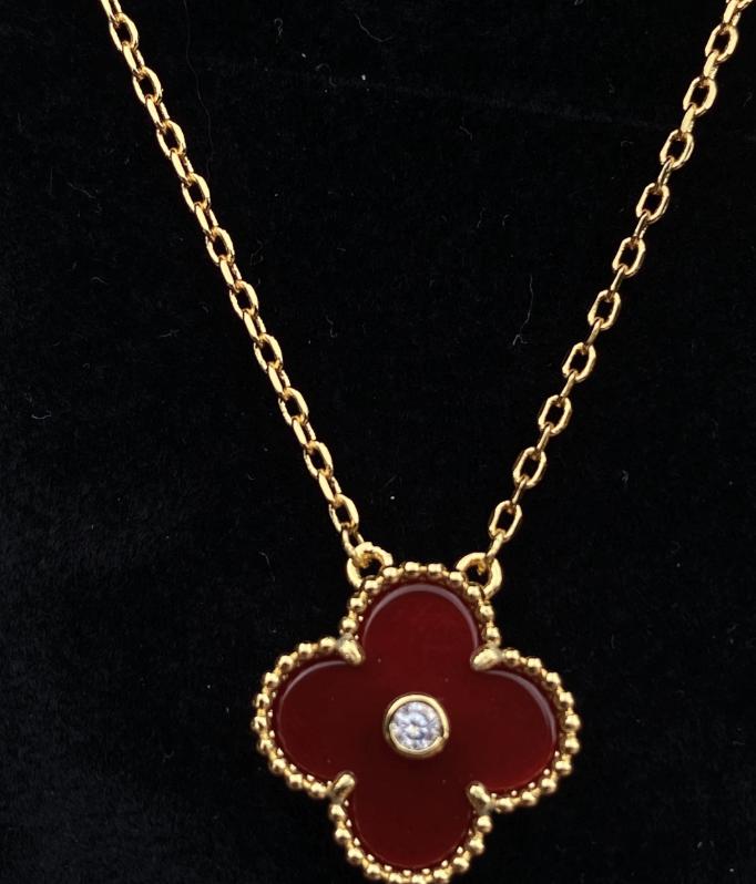 Red carnelian clover necklace, Gold Four leaf clover 18k gold plated, 15mm one motif clover necklace, Christmas holiday pendant