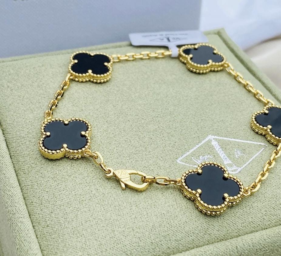 925 silver 18k Gold plated black agate Clover Bracelet #Gift
