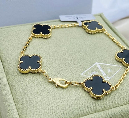925 silver 18k Gold plated black agate Clover Bracelet #Gift