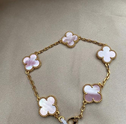 18k Gold Pink Real Natural Pearl Clover Bracelet 925 silver plate gold #Eid