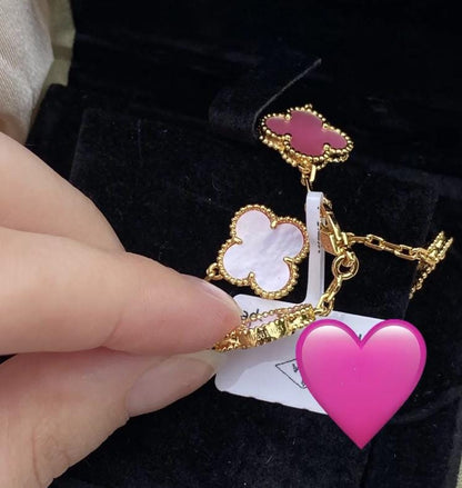 18k Gold Pink Real Natural Pearl Clover Bracelet 925 silver plate gold #Eid
