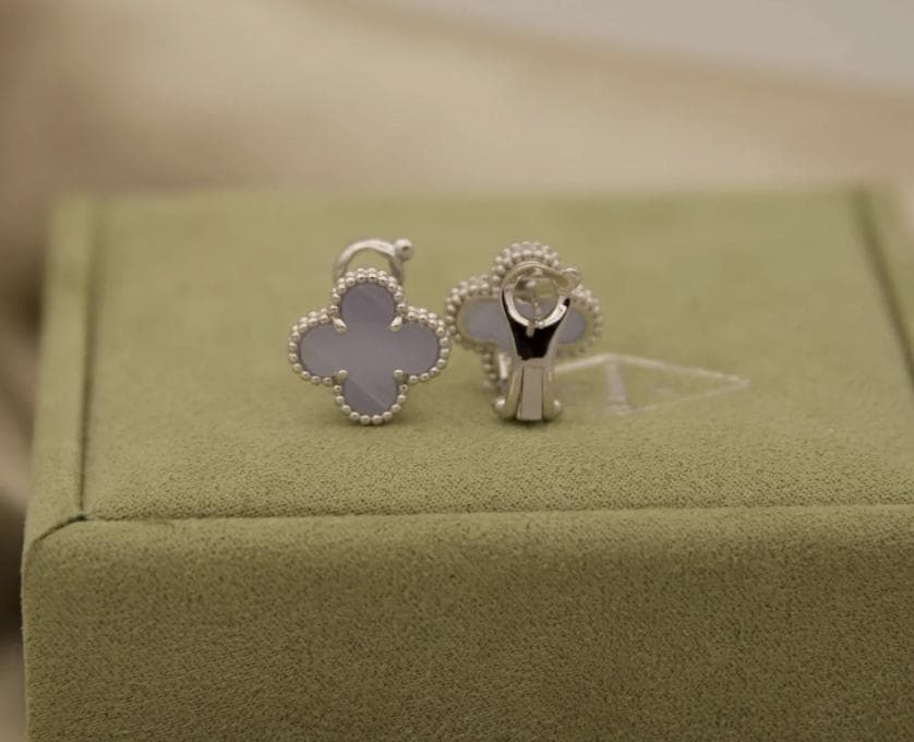Chalcedony Clover Earrings, 18k White Gold Plated Sterling Silver