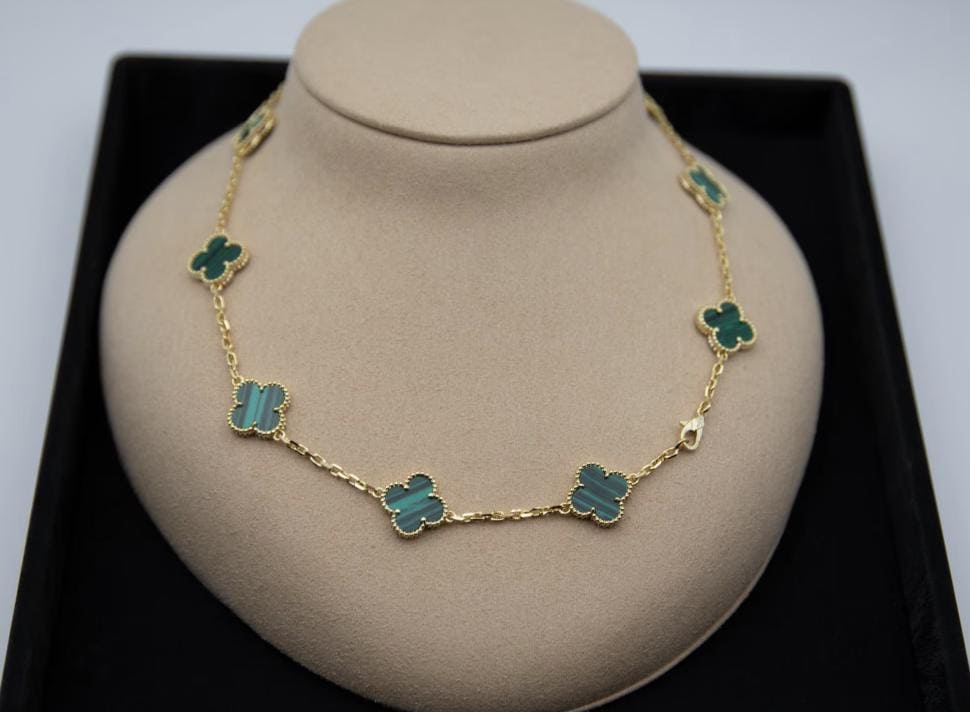 10 motif Green natural malachite Clover necklace chain 18k gold plated 925 silver (with vc stamp)