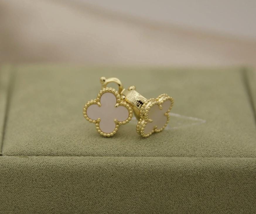 White real pearl Clover earrings four leaf 18k Gold Plated 925 Sterling (w8 vc stamp) #clover Gift