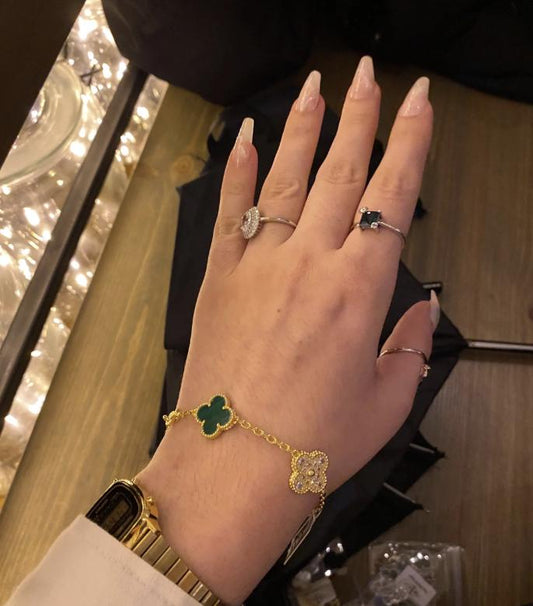Four leaf Malachite diamond guilloche Clover Bracelet 925 silver 18k gold plated #clover Gift