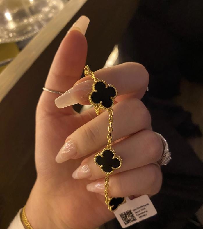 18k Gold Black Agate Clover Bracelet, 19cm #clover Gift