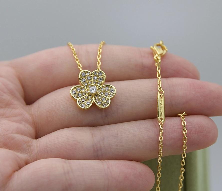 Flower Clover necklace 18k Gold Plated 925 Sterling cz (w8 vc stamp) #clover Gift