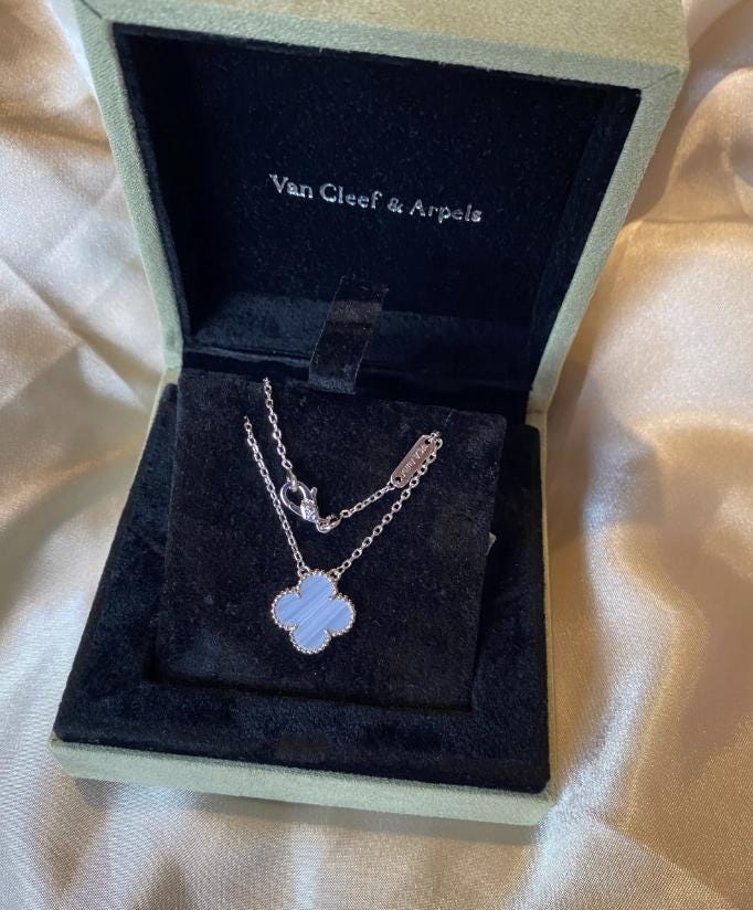 Chalcedony necklace four leaf clover 18k Gold Plated 925 Sterling (w8 vc stamp)#clover Gift