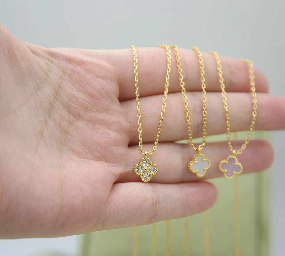 9.5 mm sweet mini Clover necklace four leaf 18k Gold Plated 925 Sterling (w8 vc stamp)