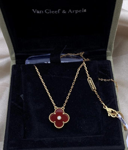 Red carnelian clover necklace, Gold Four leaf clover 18k gold plated, 15mm one motif clover necklace, Christmas holiday pendant