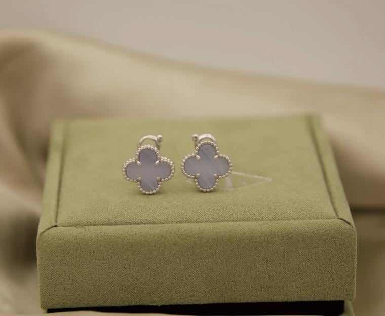 Chalcedony Clover Earrings, 18k White Gold Plated Sterling Silver