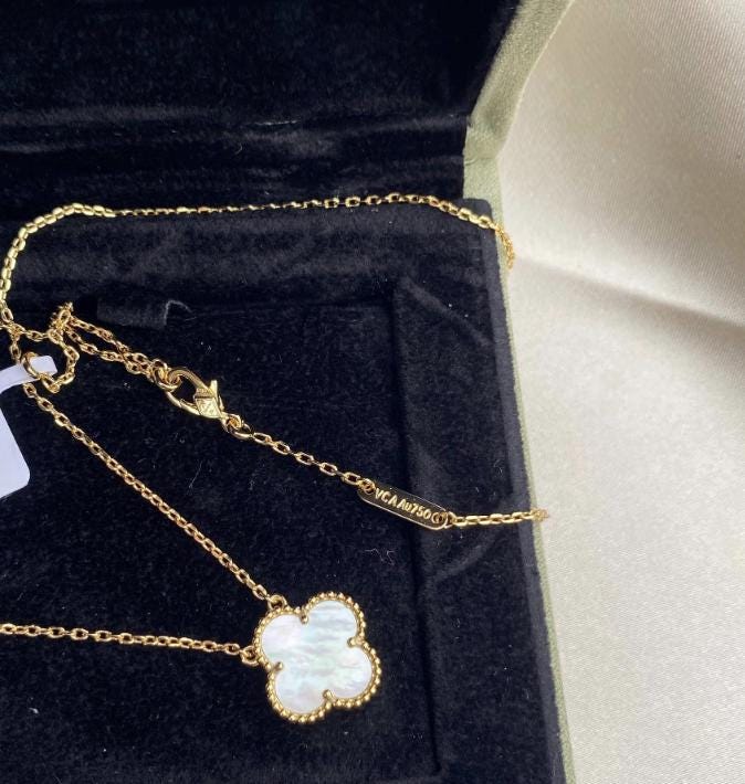 Four leaf mother of pearl guilloche Clover necklace 925 silver 18k gold plated #clover Gift