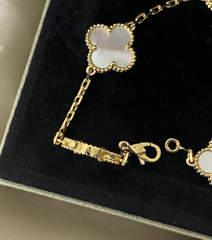 Four leaf white Pearl guilloche Clover Bracelet 925 silver 18k gold plated #clover Gift