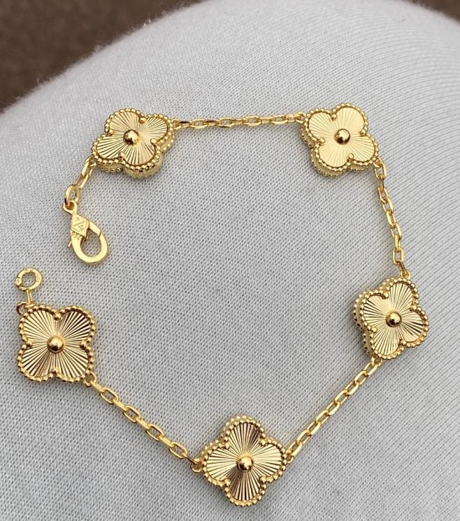 18k Gold Clover Bracelet - Guilloche 5 Clover Design, Four Leaf Gold Plated - white gold plated 15mm Four Leaf Clover Jewelry gemstones