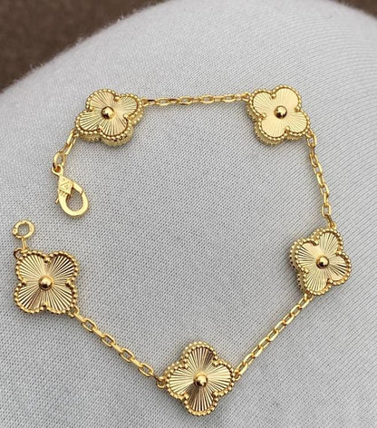 18k Gold Clover Bracelet - Guilloche 5 Clover Design, Four Leaf Gold Plated - white gold plated 15mm Four Leaf Clover Jewelry gemstones