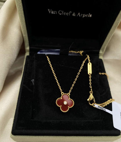 Red carnelian clover necklace, Gold Four leaf clover 18k gold plated, 15mm one motif clover necklace, Christmas holiday pendant