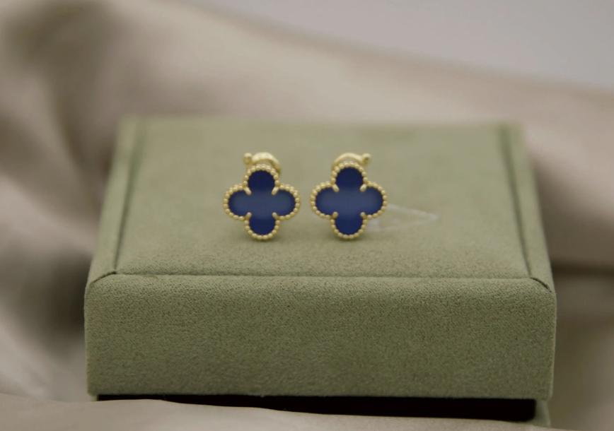 Blue agate Clover earrings four leaf 18k Gold Plated 925 Sterling (w8 stamp)