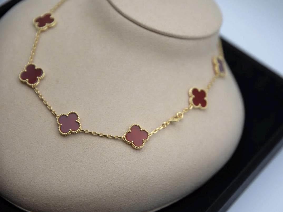 10 motif Red natural carnelian Clover necklace chain 18k gold plated 925 silver (with vc stamp)