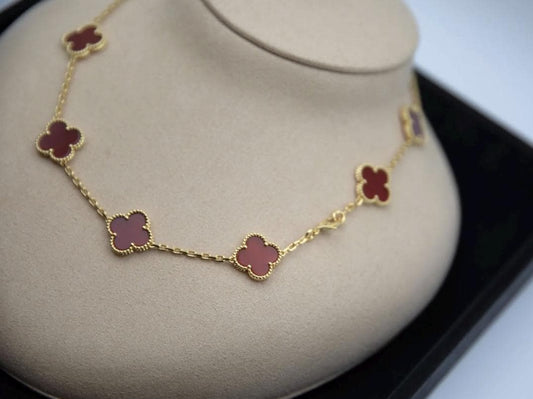 10 motif Red natural carnelian Clover necklace chain 18k gold plated 925 silver (with vc stamp)