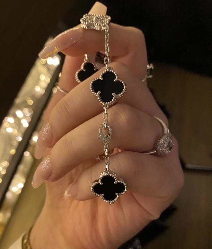 925 silver 18k white gold plated diamond clover bracele black agate (w8 stamp)#clover Gift