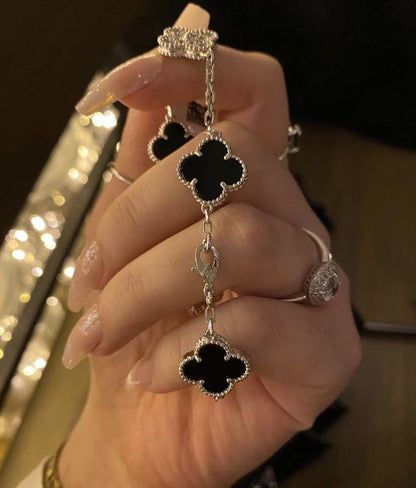 925 silver 18k white gold plated diamond clover bracele black agate (w8 stamp)#clover Gift