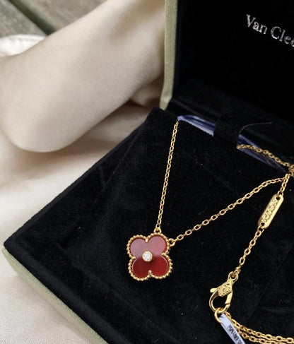 Red carnelian clover necklace, Gold Four leaf clover 18k gold plated, 15mm one motif clover necklace, Christmas holiday pendant