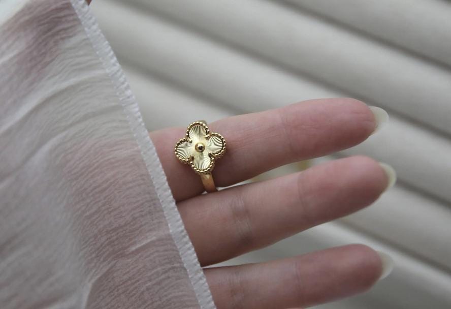 Four leaf guilloche Clover Ring 925 silver 18k gold plated #Gift