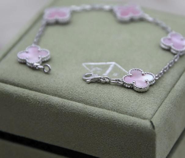 Four leaf Pink Pearl guilloche Clover Bracelet 925 silver 18k gold plated