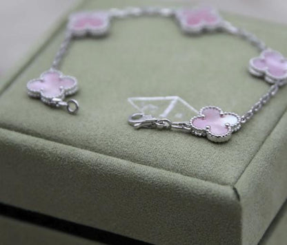 Four leaf Pink Pearl guilloche Clover Bracelet 925 silver 18k gold plated
