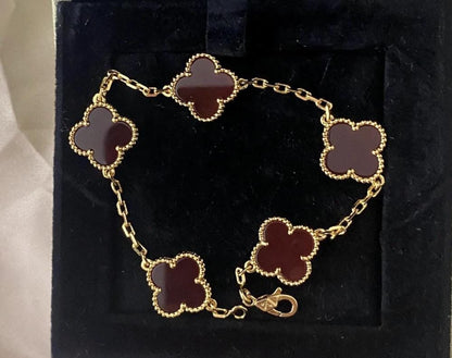 18k Gold Red Clover Bracelet carnelian Chain motif #Gift