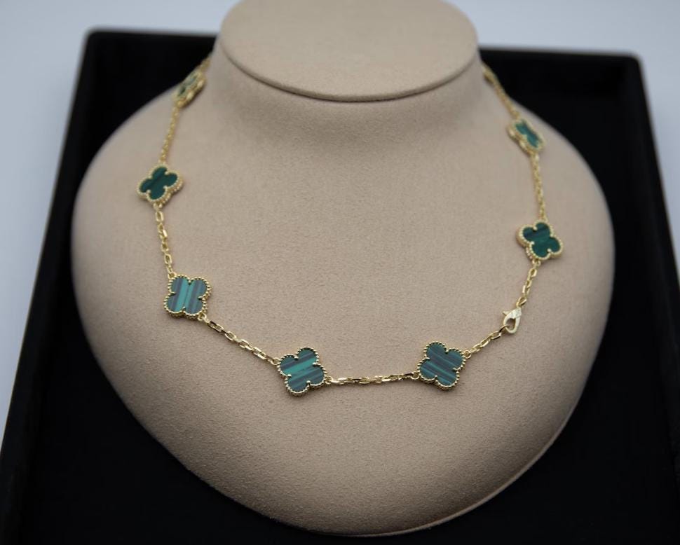 10 motif Green natural malachite Clover necklace chain 18k gold plated 925 silver (with vc stamp)