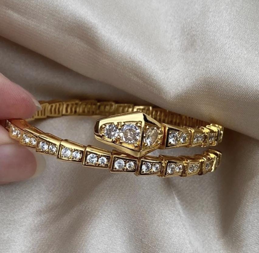 18k gold Snake serpent diamond pave bangle bracelet#clover Gift