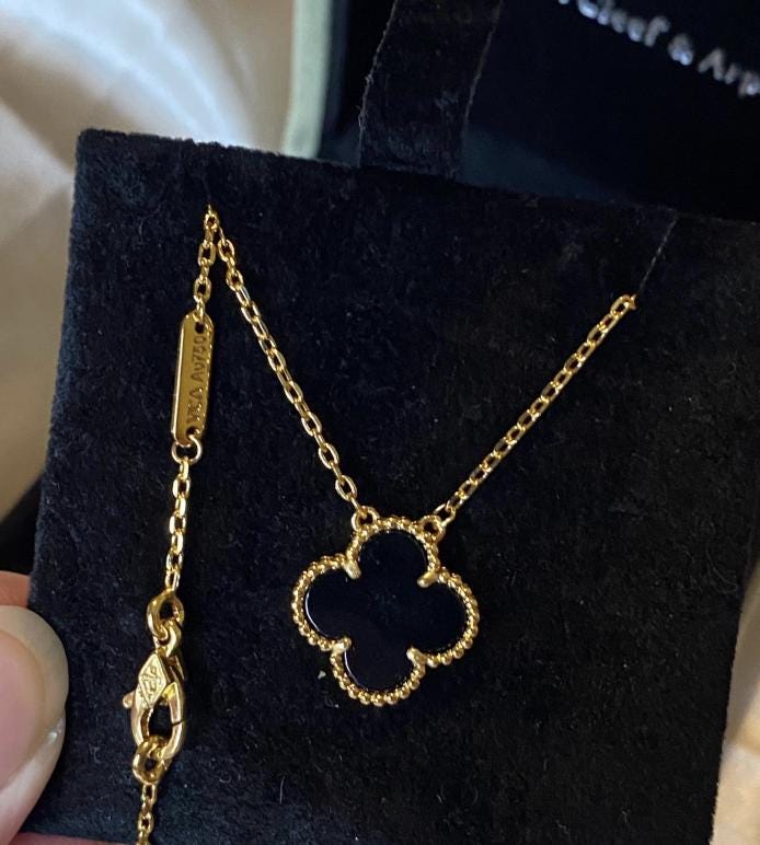 Vintage Gold Fill black Onyx Clover Necklace: 18k Gold Plated Sterling Silver Pendant#clover Gift