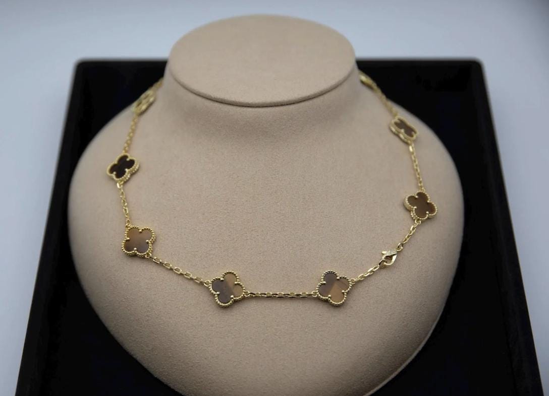 10 motif tiger eyes Clover necklace chain 18k gold plated 925 silver (with vc stamp)