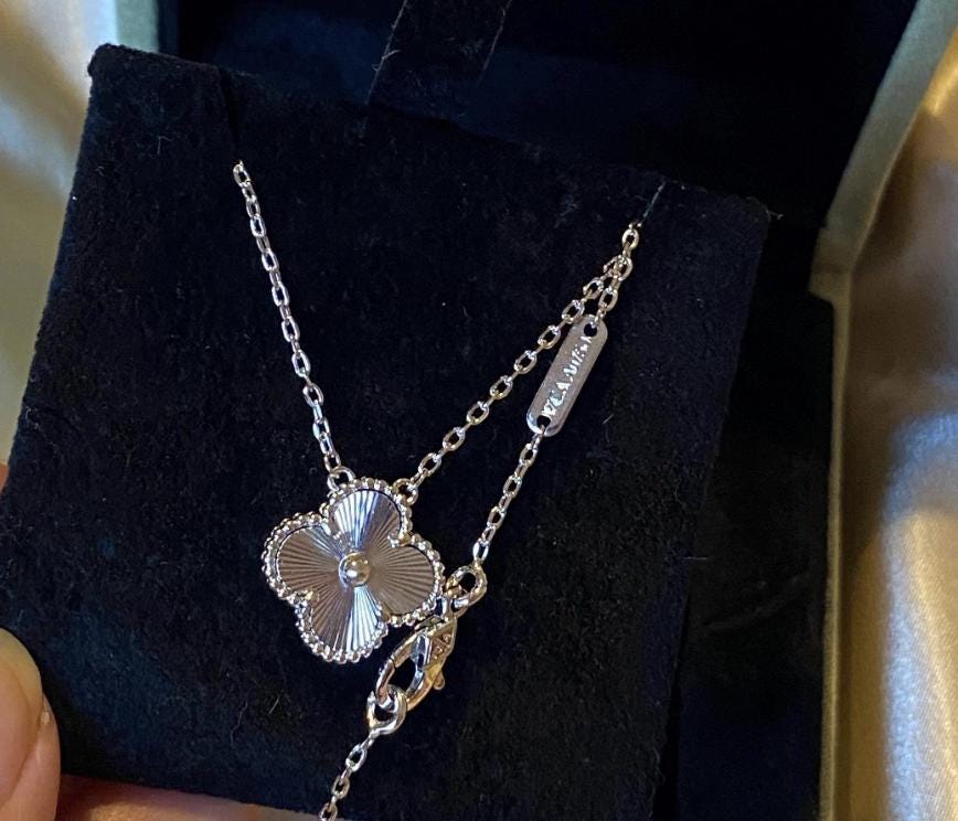 Silver fill clover necklace four leaf 18k white Gold Plated 925 Sterling (w8 vc stamp)#clover Gift