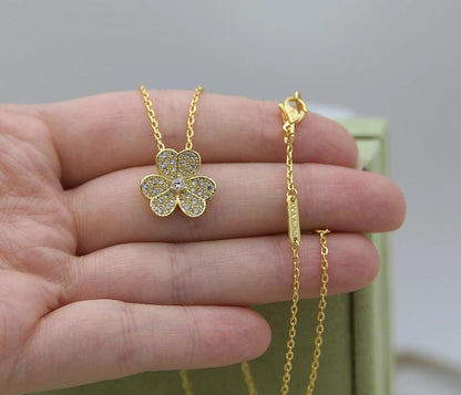 Flower Clover necklace 18k Gold Plated 925 Sterling cz (w8 vc stamp) #clover Gift