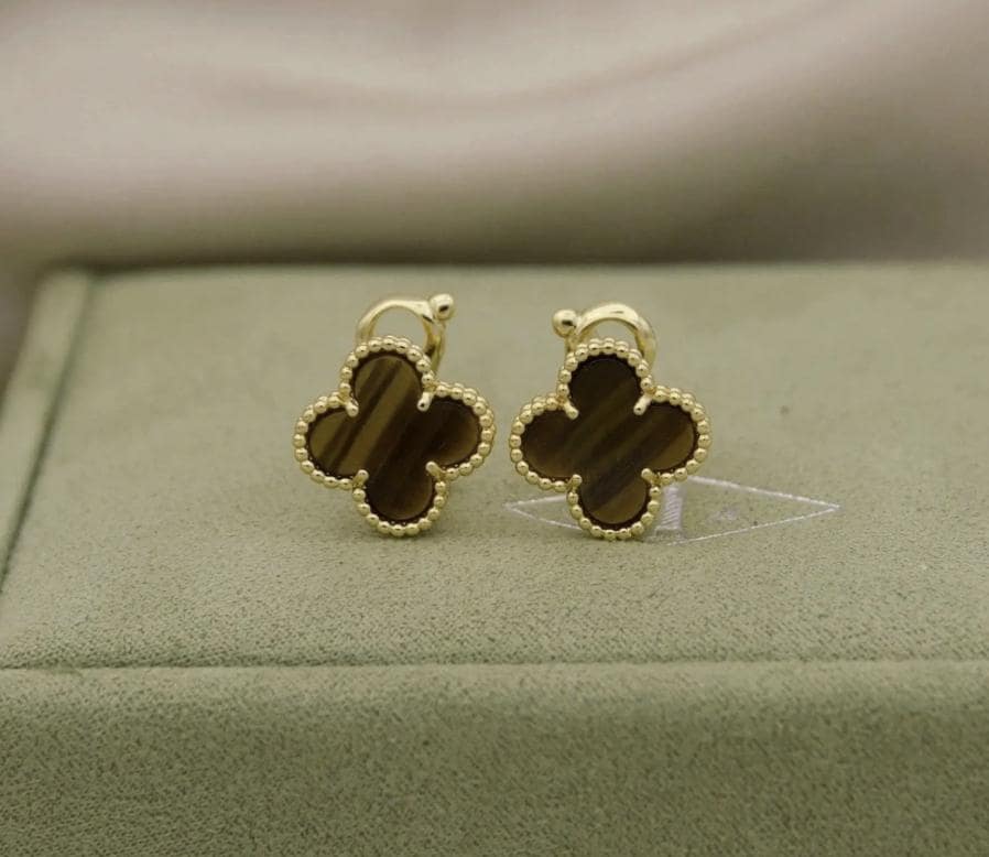 Tiger eye Clover earrings four leaf 18k Gold Plated 925 Sterling (w8 stamp) #clover Gift